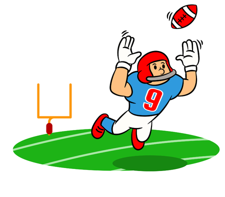 Vector cartoon of American Football player jumping to catch ball on the fieldのイラスト素材