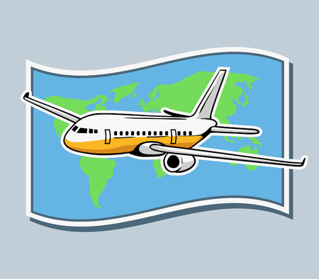 Vector illustration of airplane flying across world map.のイラスト素材
