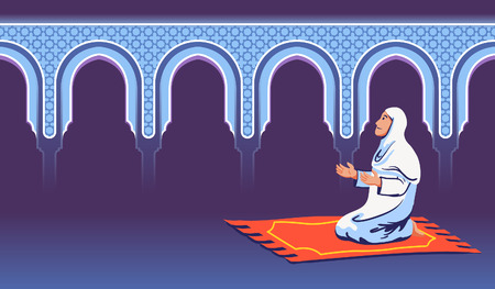 Moslem female sit and pray near decorative mosque gate.のイラスト素材