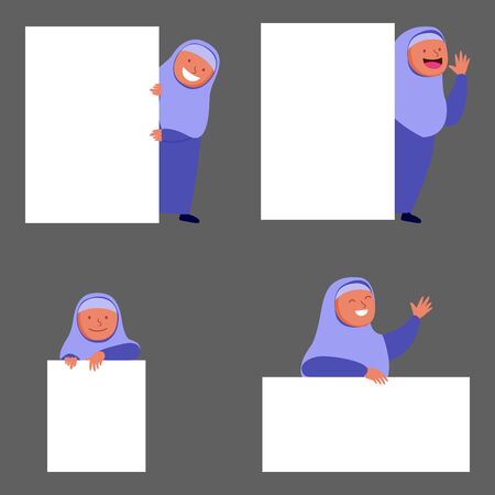 Vector illustration of peeping moslem girl behind blank notice board.のイラスト素材