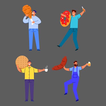 Group of man bring their favourite food flat vector character.のイラスト素材