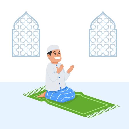 Moslem boy sit and pray near decorative window.のイラスト素材