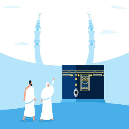 Hajj pilgrims characters in front of  Kaaba. Suitable for info graphic.のイラスト素材