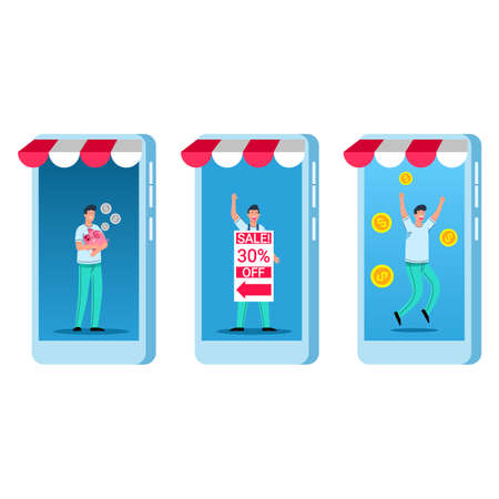 Online store owner selling and promoting on smart phone screen.のイラスト素材