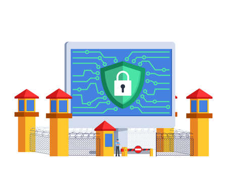 Vector flat illustration of internet security. Guarded by officer, fencing wire and watch tower around monitor.のイラスト素材