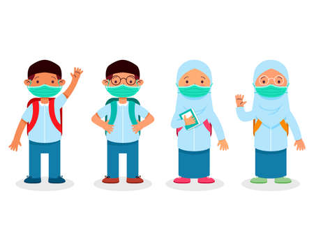 Islamic school student character during pandemic. All graphic element in separated group. These character have smile behind face mask.のイラスト素材