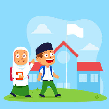 Islamic school student walk to school vector illustration.のイラスト素材