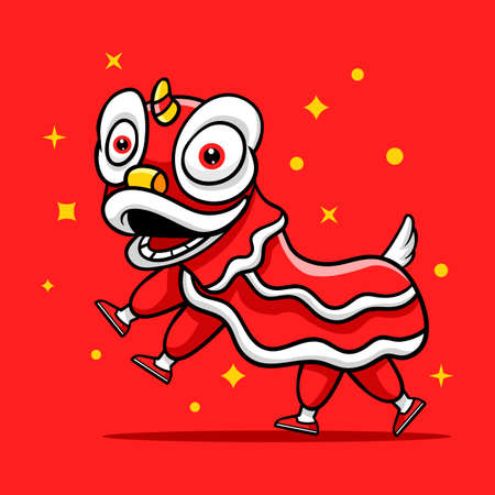 Chinese lion dance performance cartoon illustration. suitable for chinese new year theme.のイラスト素材