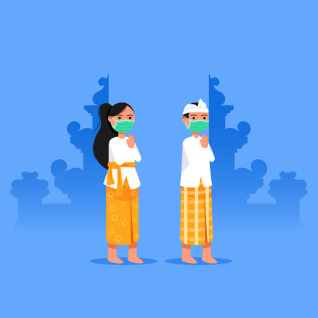 Balinese girl and boy give welcome greeting. Suitable for hinduism theme.のイラスト素材