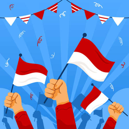 Celebrating Indonesia independence day by rising national flag.のイラスト素材