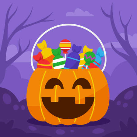 Playing trick or treat door by door and fullfill the pumpkin bucket with candies.のイラスト素材