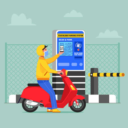 Motorcycle rider using self service parking machine.のイラスト素材