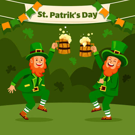 Two happy leprechauns dancing and toasting beer mug at Saint Patrick's Day party.のイラスト素材