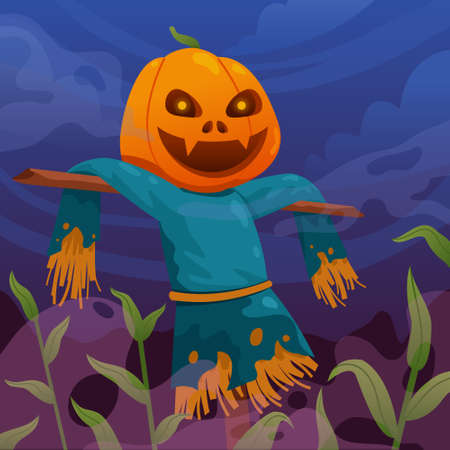 Pumpkin head scarecrow in scary horror night.のイラスト素材