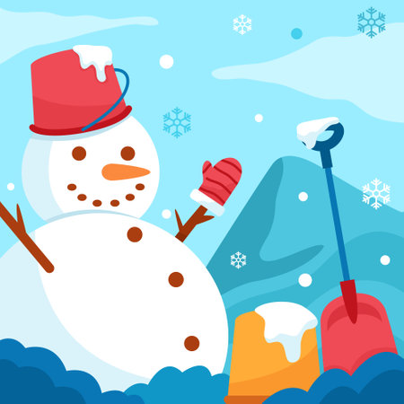 Smiley white snowman under snow rain outside.のイラスト素材