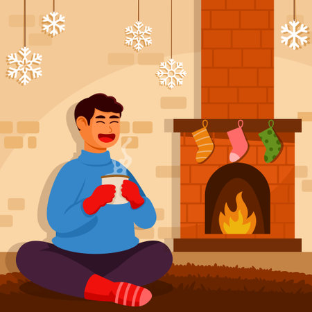 Relax time drink hot coffee while snow rain outside.のイラスト素材