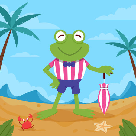 Happy frog go to the beach for recreation.のイラスト素材