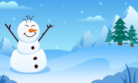 Happy snowman greeting to frozen snow land.のイラスト素材