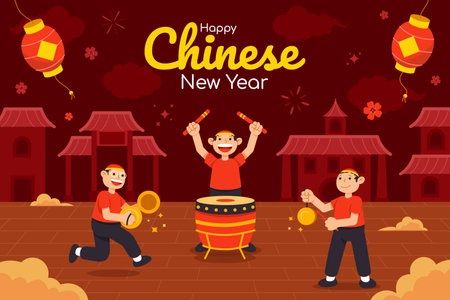 Traditional chinese musicians playing instrument for lion dance performance flat  illustration. Suitable for chinese new year theme.のイラスト素材