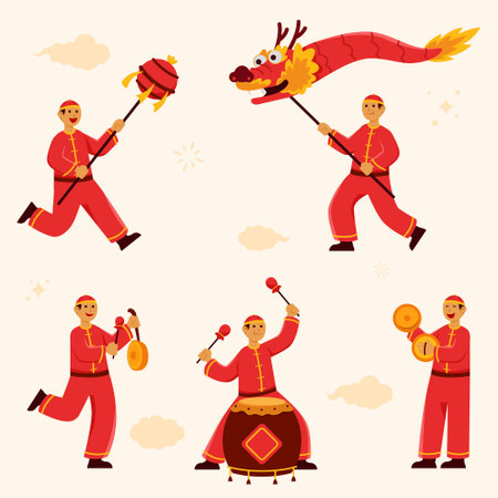 Youth person performing dragon dance on chinese new year.のイラスト素材