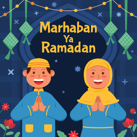 Moslem couple welcoming holy month of islam. Marhaban Ya Ramadhan means Welcome Oh Ramadan.のイラスト素材