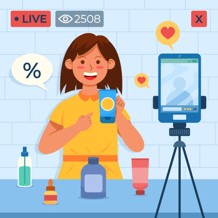 Girl selling products via online streaming application.のイラスト素材