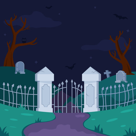 Way to graveyard at spooky gloomy night.のイラスト素材
