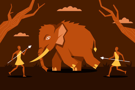 Pre historic caveman hunting and ambush extinct elephant.のイラスト素材