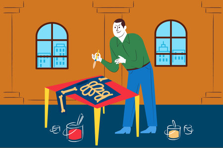 Making halloween party costume by his self.のイラスト素材