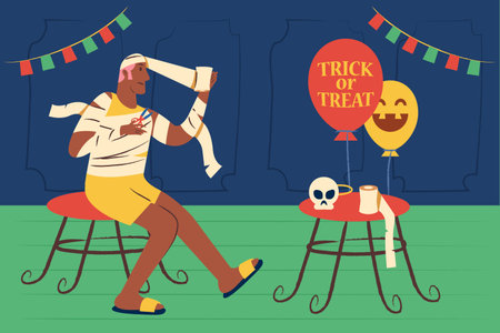 Preparing halloween costume to join party.のイラスト素材