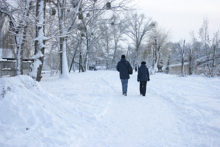 People walk in the woods in the winter. A lot of snow, fairytale nature. Boy and girl. A young couple. Lovers walk in nature.の写真素材
