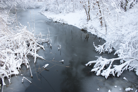 The river was covered with ice, winter, trees in the snowの写真素材