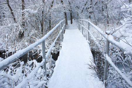 Beautiful bridge in the forest in winter. A lot of snow, nature as in a fairy tale.の写真素材