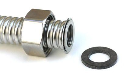 Fittings for pipe fastening. Threaded connection of stainless corrugated pipe, isolated photo on...