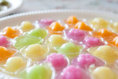 Jelly colorful cocktail in cup Thai taste background, dessert sweets menuの写真素材