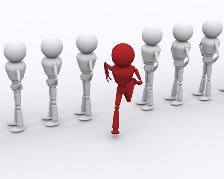 Red person runs coming out of row.の写真素材