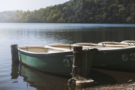 Boats in the lake Nikko Japanの写真素材