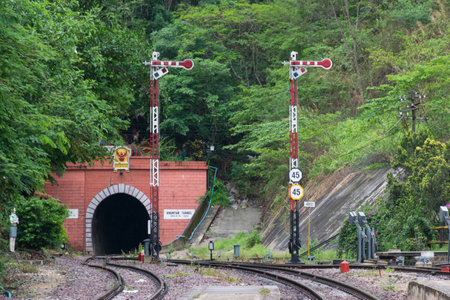 Railway at Khun Tan station in Lampang of Thailandの写真素材