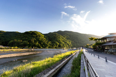 Oigawa river from mountain at Arashiyama in Kyoto, Japanのeditorial素材