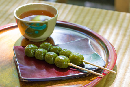 Japanese dessert Dango with teaの写真素材