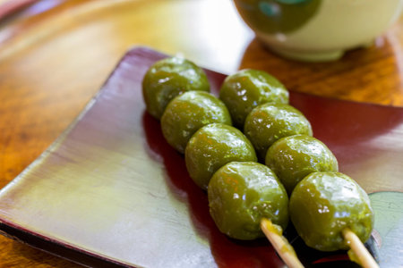Japanese dessert Dango with teaの写真素材