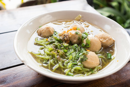 Green egg noodles food, Thai noodles style with pork ballの写真素材