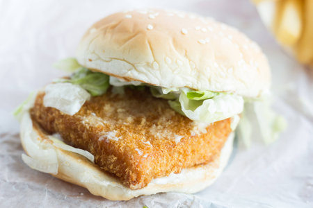 fish hamberger on handsの写真素材