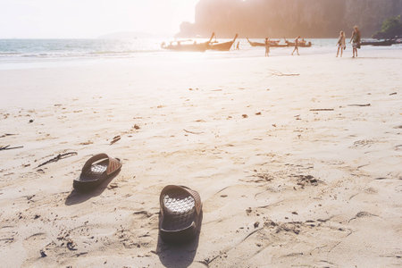 Summer concept, Flip-flops on the beachの写真素材