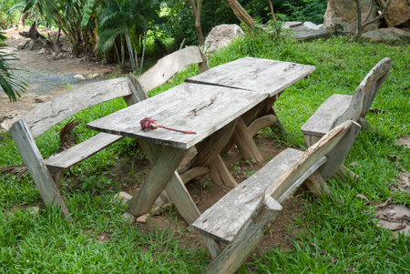 Garden wooden bench in gardenの写真素材