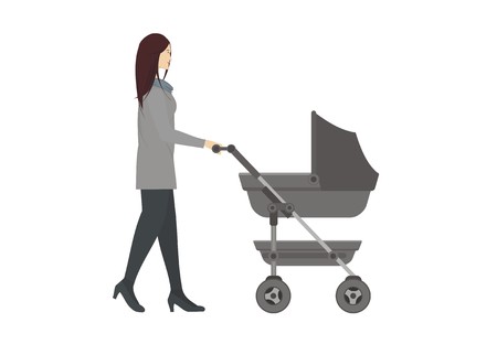 young mother pushing baby trolleyのイラスト素材
