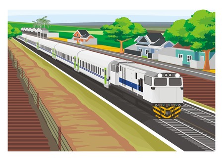 passenger train crossing villageのイラスト素材