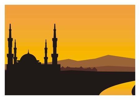 mosque silhouette with river and mountain backgroundのイラスト素材