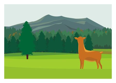 a deer in a savanna with forest and mountain backgroundのイラスト素材