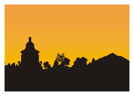 A temple and forest silhouette in the sunset vector illustration.のイラスト素材